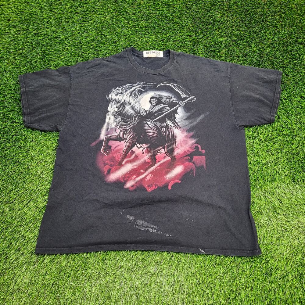 Vintage Y2K Skeleton Grim-Reaper Horse Shirt 2XL 26x29 Black